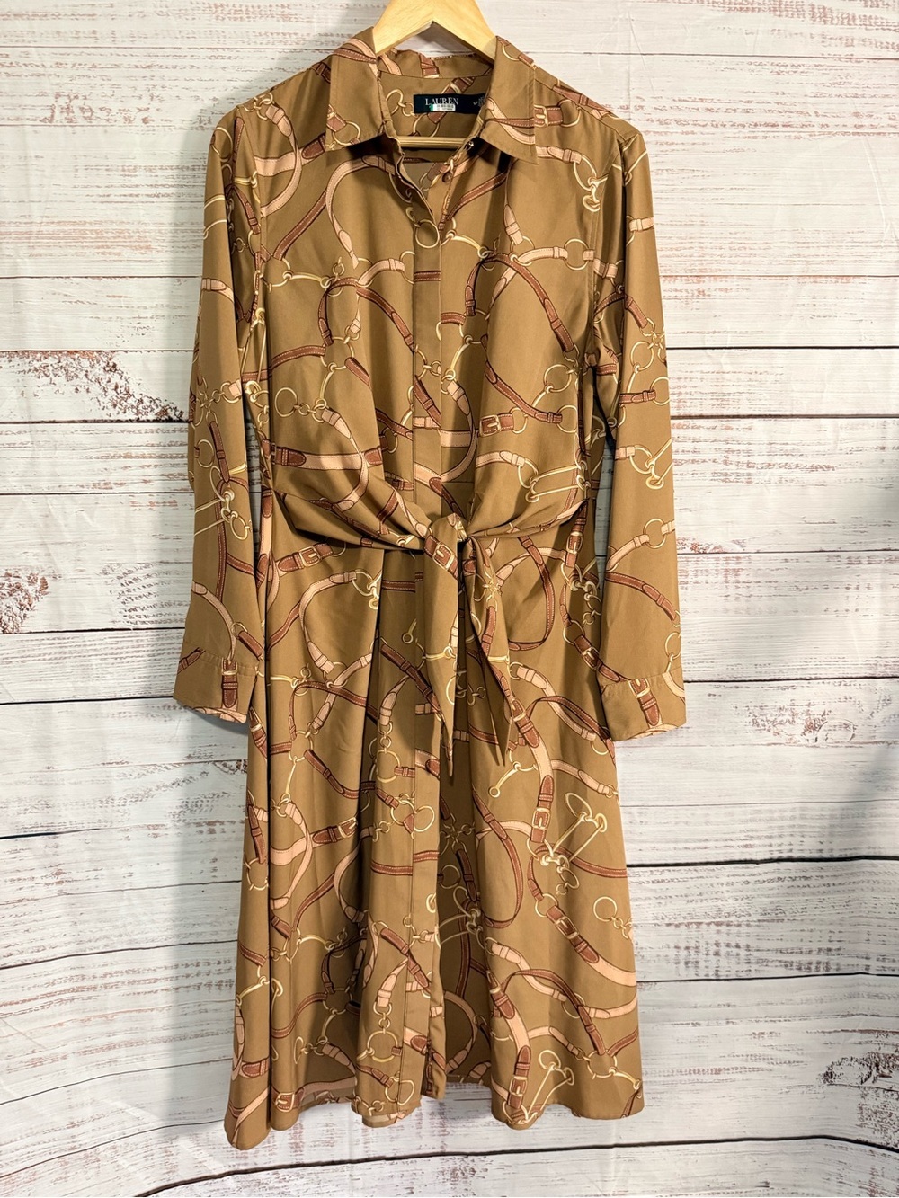 Lauren Ralph Lauren Tan Equestrian Print Long-Sleeve Shirt Dress Classic